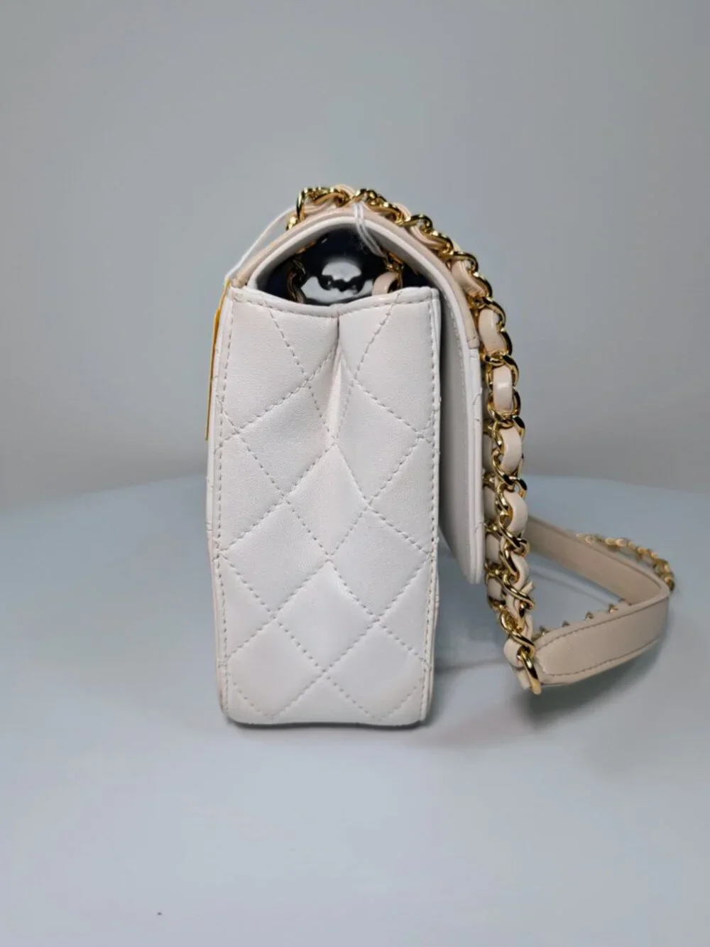 Chanel Beige and White Lambskin Leather Medium Flap Bag